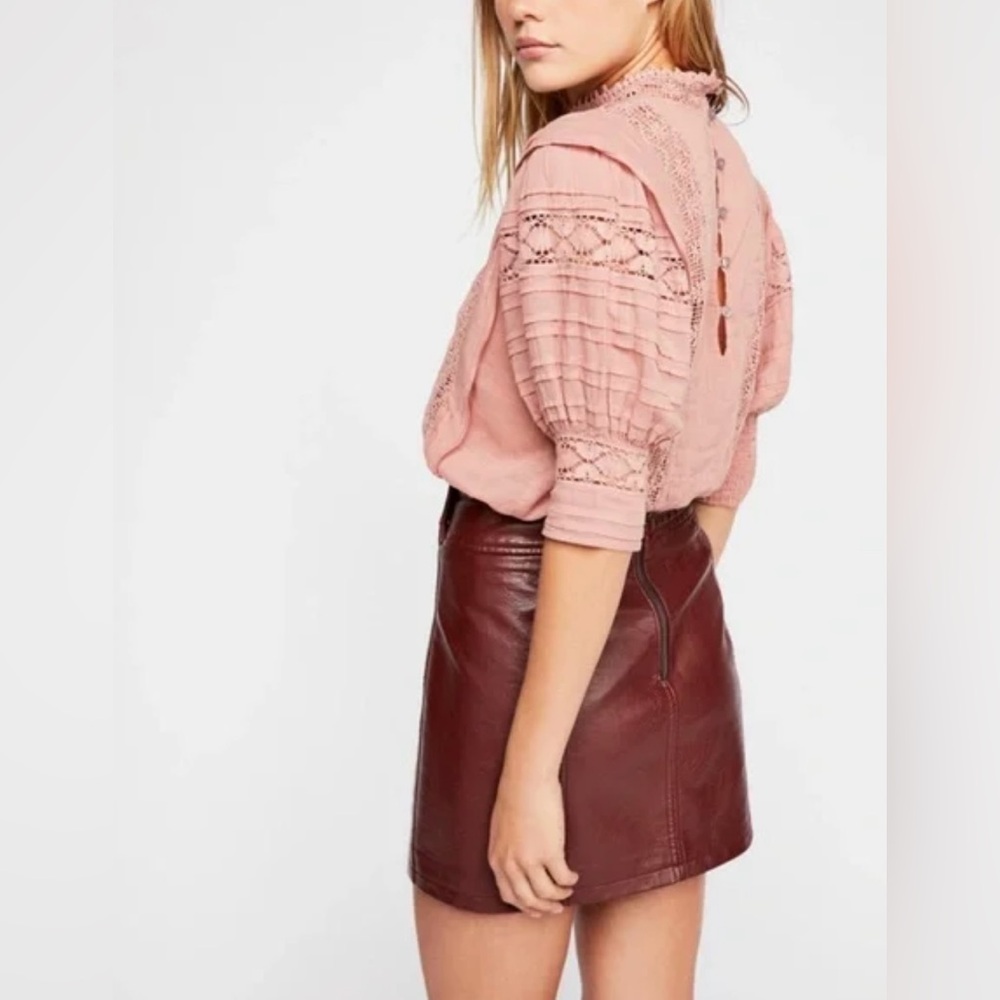 Free People Dusty Rose Lace Panel Puff Sleeve Blouse - Picture 2 of 10